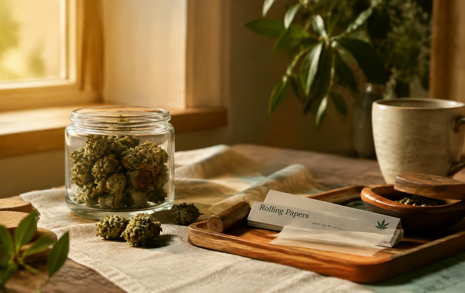 Hemp flower in a jar beside rolling papers